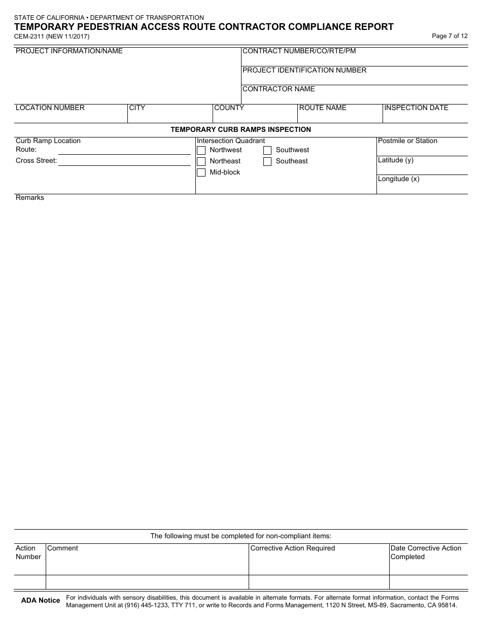 Form CEM-2311 Temporary Pedestrian Access Route Contractor Compliance Report - California, Page 7