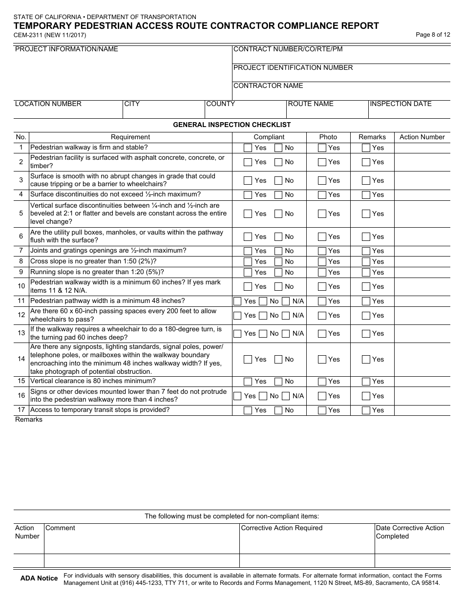 Form CEM-2311 Temporary Pedestrian Access Route Contractor Compliance Report - California, Page 8