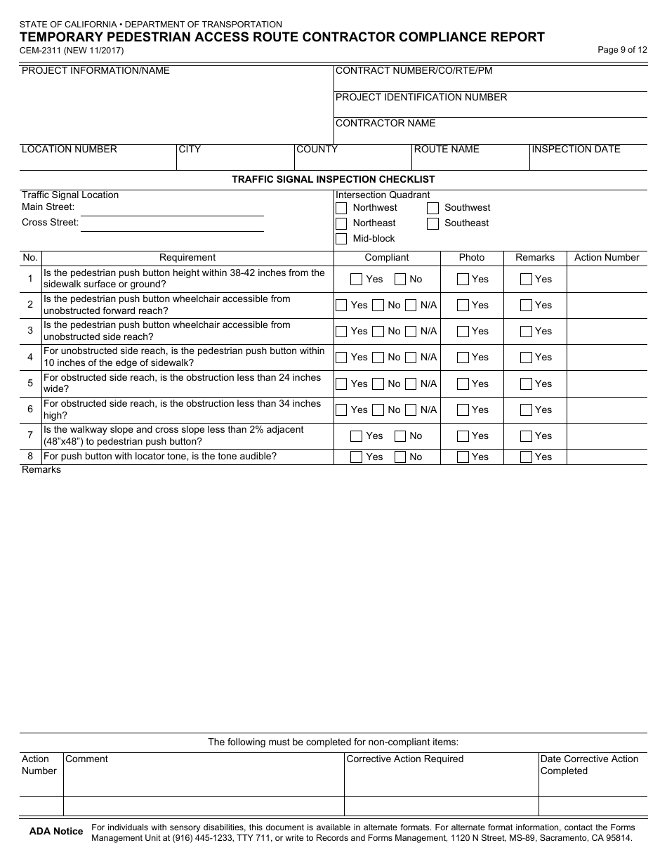 Form CEM-2311 Temporary Pedestrian Access Route Contractor Compliance Report - California, Page 9