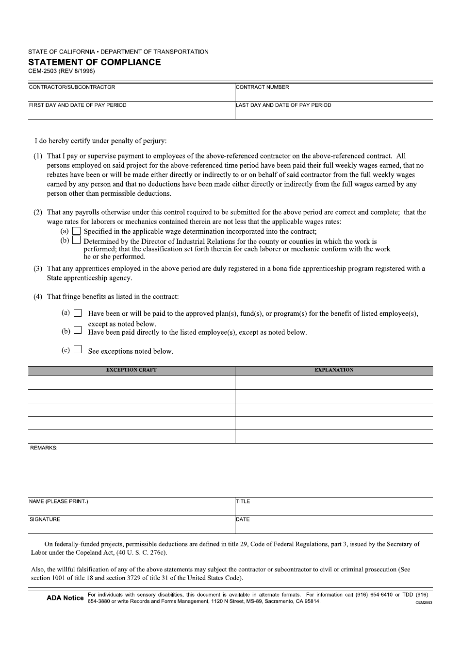 Form CEM-2503 Statement of Compliance - California, Page 1