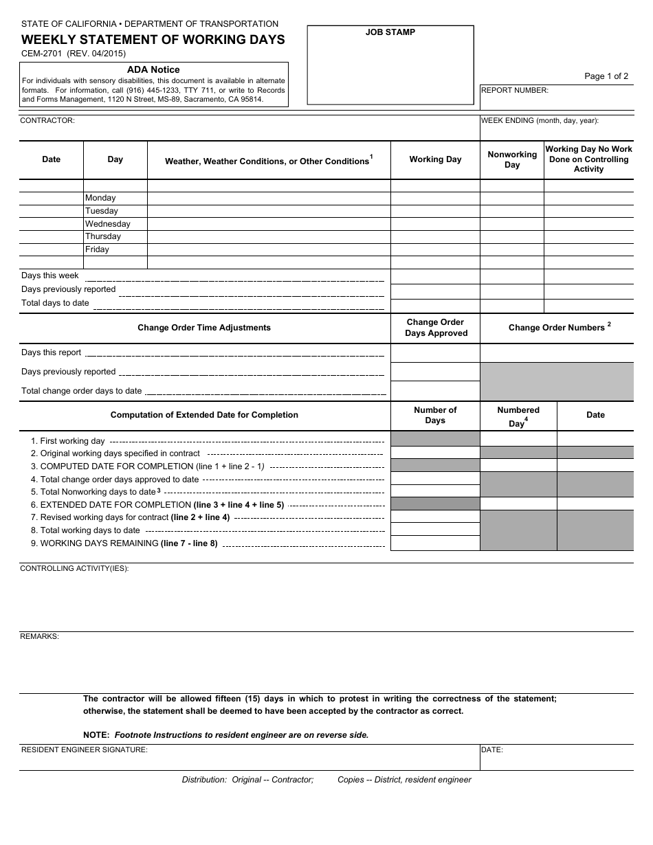 Form CEM-2701 Weekly Statement of Working Days - California, Page 1
