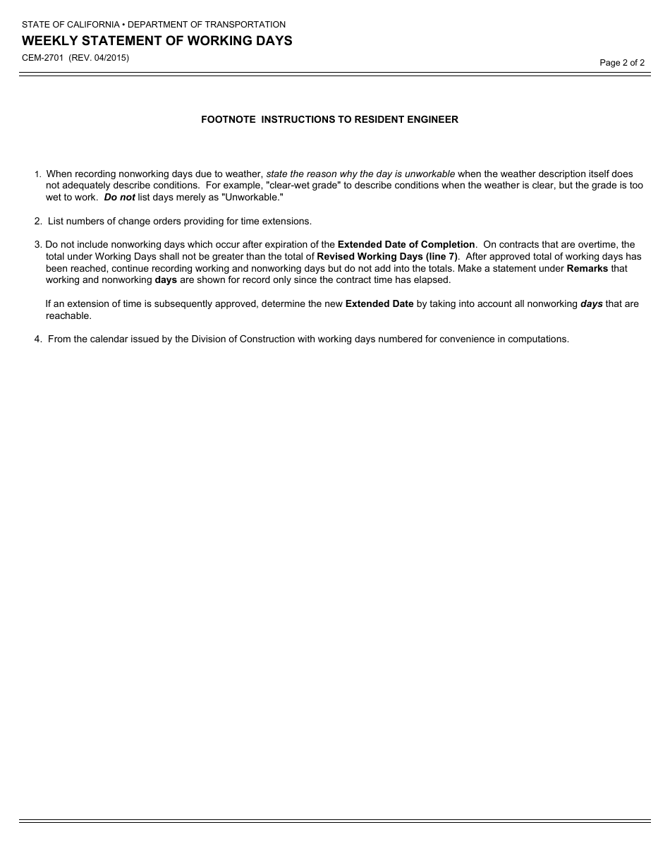 Form CEM-2701 Weekly Statement of Working Days - California, Page 2