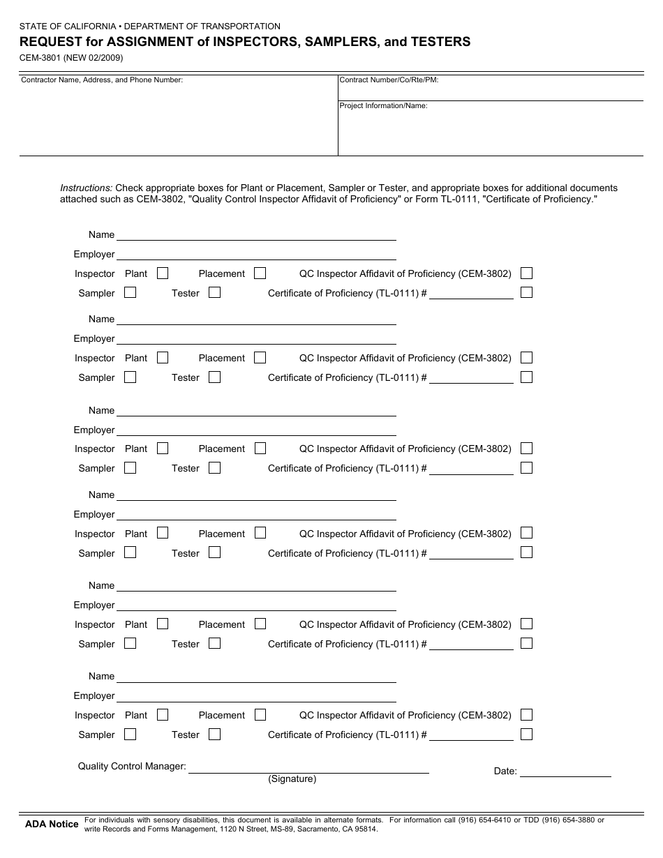 Form CEM-3801 Request for Assignment of Inspectors, Samplers, and Testers - California, Page 1