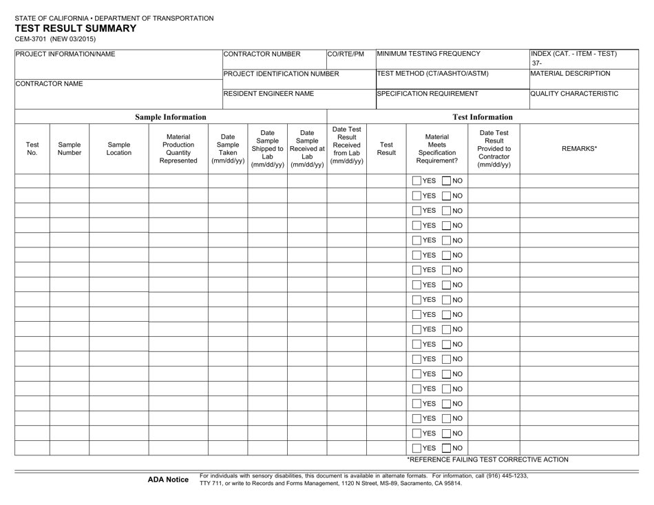 Form CEM-3701 Download Fillable PDF or Fill Online Test Result Summary ...