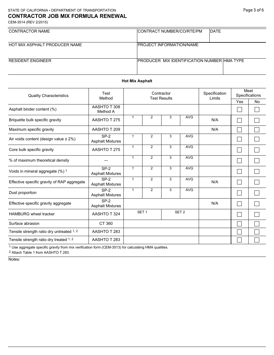 Form CEM-3514 Contractor Job Mix Formula Renewal - California, Page 3