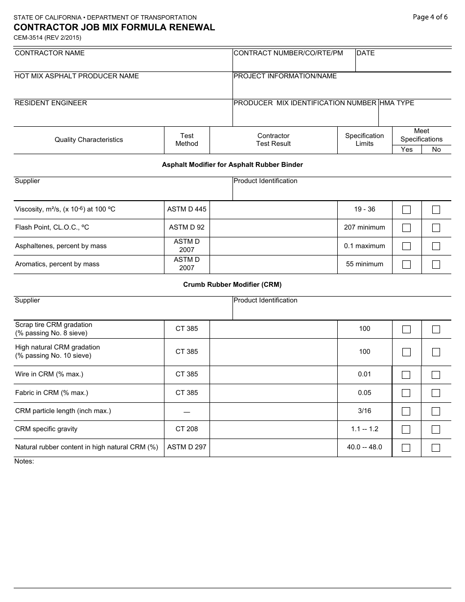 Form CEM-3514 Contractor Job Mix Formula Renewal - California, Page 4