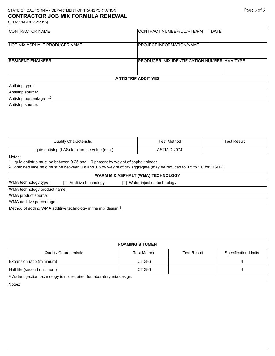 Form CEM-3514 Contractor Job Mix Formula Renewal - California, Page 6