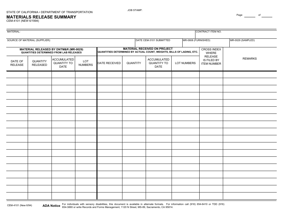 Form CEM-4101 Materials Release Summary - California, Page 1