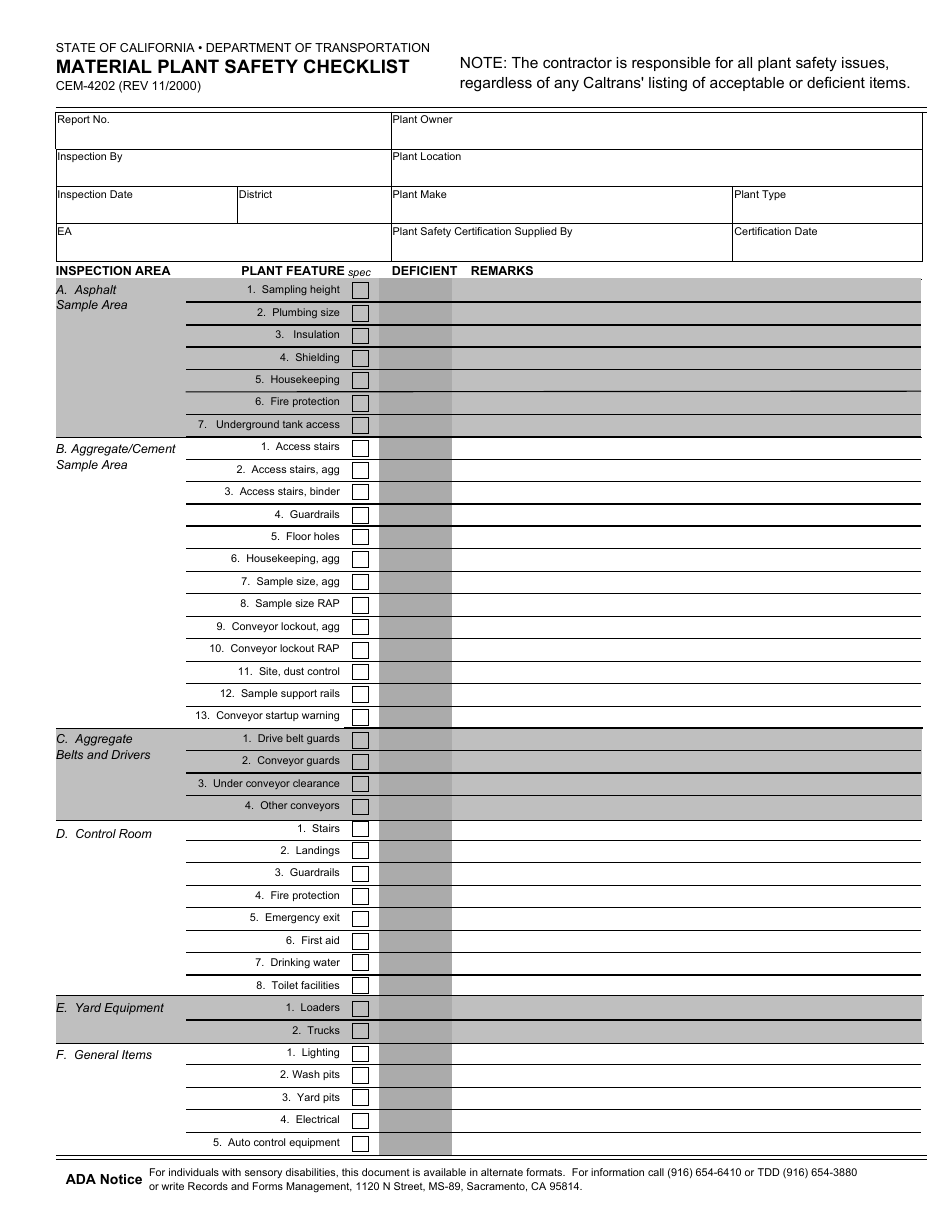 Form CEM-4202 Material Plant Safety Checklist - California, Page 1