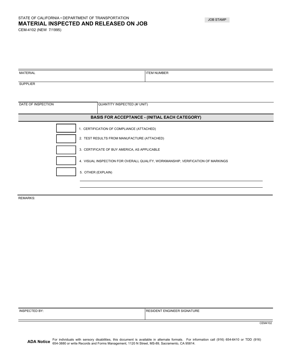 Form CEM-4102 Material Inspected and Released on Job - California, Page 1