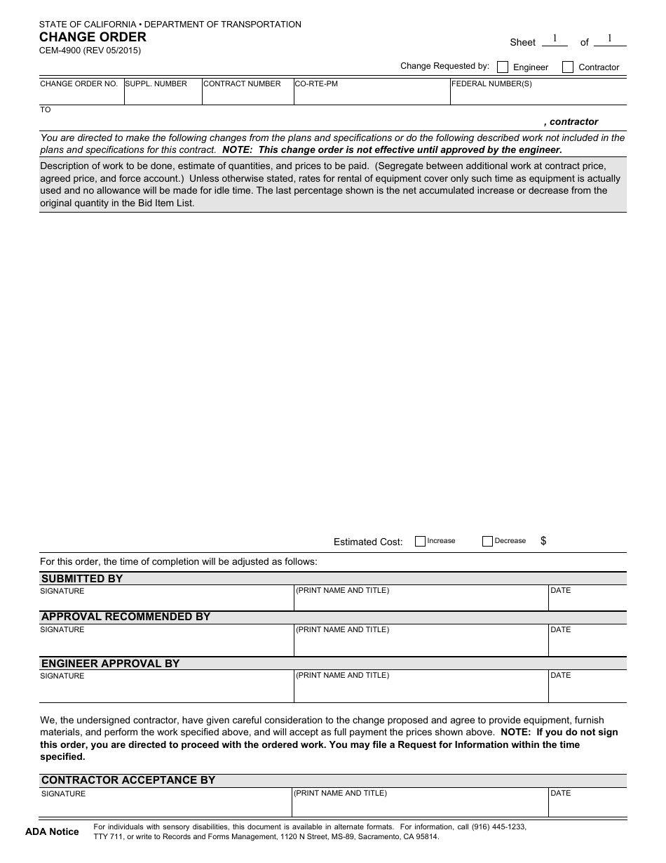 Form CEM-4900 Change Order - California, Page 1