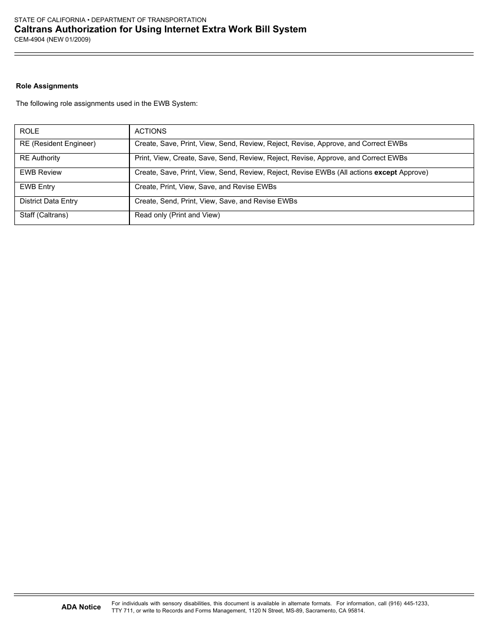 Form CEM-4904 Caltrans Authorization for Using Internet Extra Work Bill System - California, Page 2