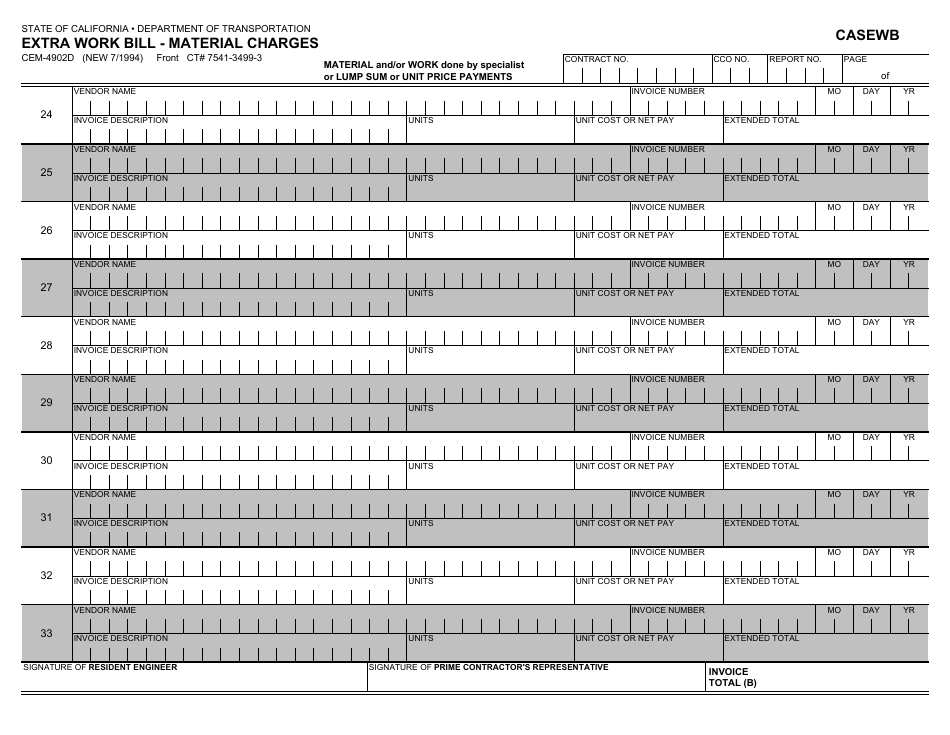Form CEM-4902D Extra Work Bill - Material Charges - California, Page 1
