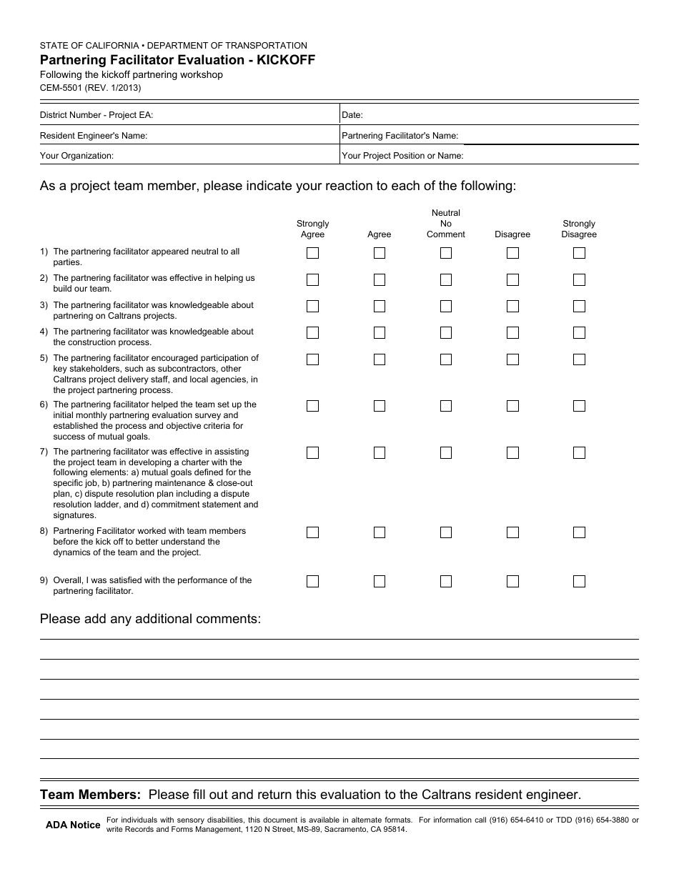 Form CEM-5501 Partnering Facilitator Evaluation - Kickoff - California, Page 1
