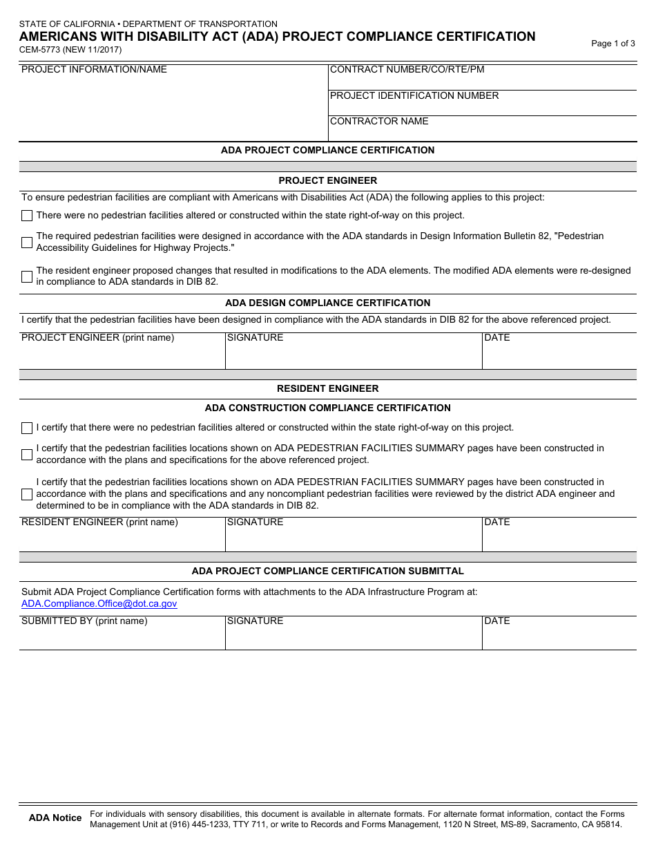 Form CEM-5773 Americans With Disabilities Act (Ada) Project Compliance Certification - California, Page 1
