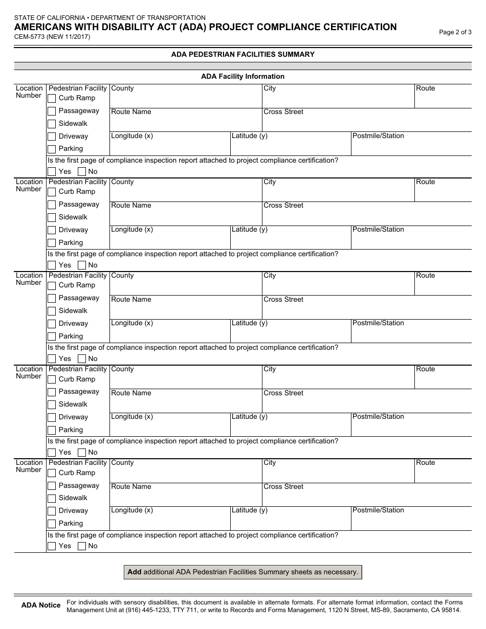 Form CEM-5773 Americans With Disabilities Act (Ada) Project Compliance Certification - California, Page 2