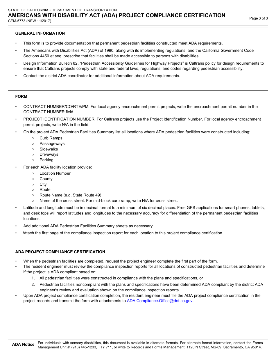 Form CEM-5773 Americans With Disabilities Act (Ada) Project Compliance Certification - California, Page 3