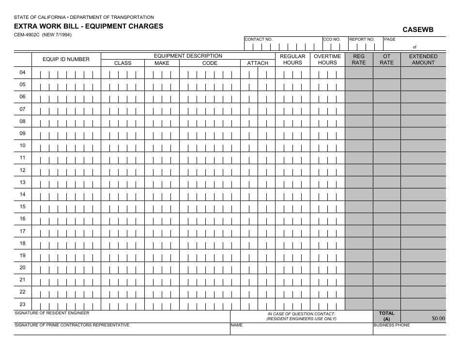 Form CEM-4902C Extra Work Bill - Equipment Charges - California, Page 1