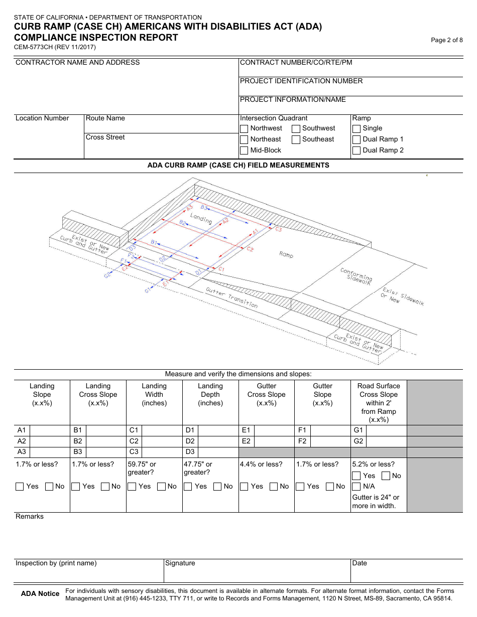 Form CEM-5773CH Curb Ramp (Case Ch) Americans With Disabilities Act (Ada) Compliance Inspection Report - California, Page 2