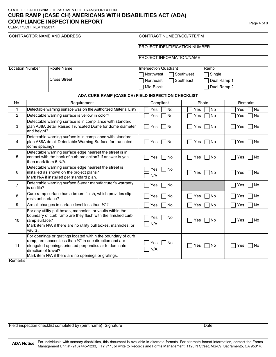 Form CEM-5773CH Curb Ramp (Case Ch) Americans With Disabilities Act (Ada) Compliance Inspection Report - California, Page 4