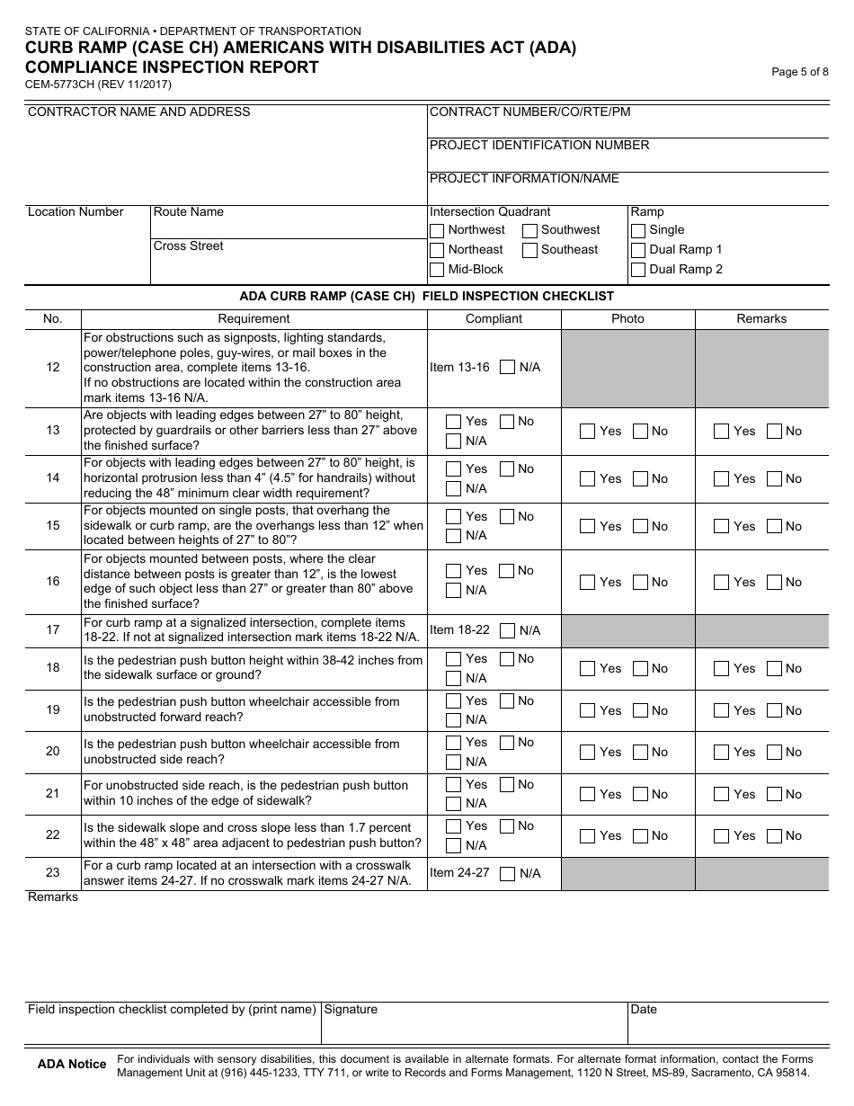 Form CEM-5773CH Curb Ramp (Case Ch) Americans With Disabilities Act (Ada) Compliance Inspection Report - California, Page 5