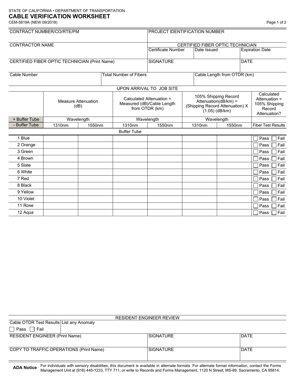 Form CEM-5819A Cable Verification Worksheet - California, Page 1