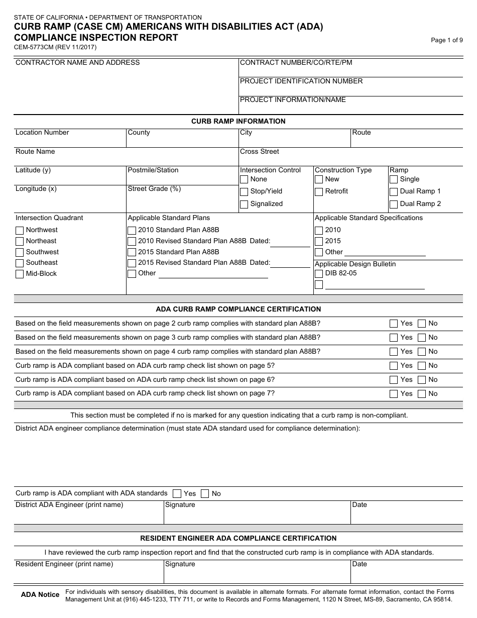 Form CEM-5773CM Curb Ramp (Case Cm) Americans With Disabilities Act (Ada) Compliance Inspection Report - California, Page 1