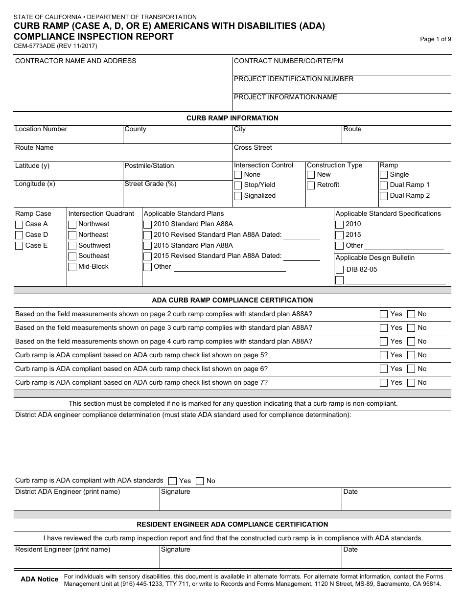 Form CEM-5773ADE Curb Ramp (Case a,d, or E) Americans With Disabilities Act (Ada) Compliance Inspection Report - California, Page 1