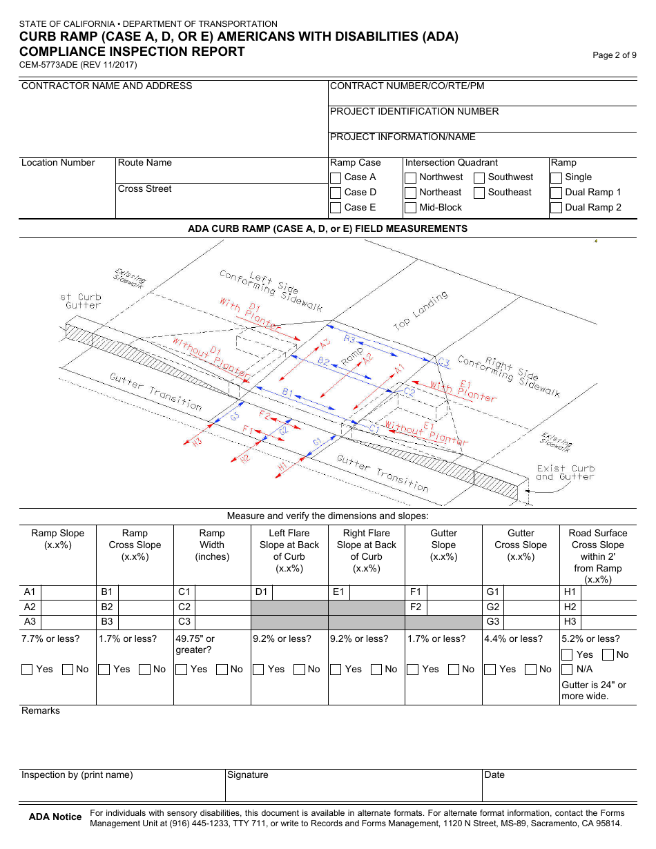 Form CEM-5773ADE Curb Ramp (Case a,d, or E) Americans With Disabilities Act (Ada) Compliance Inspection Report - California, Page 2
