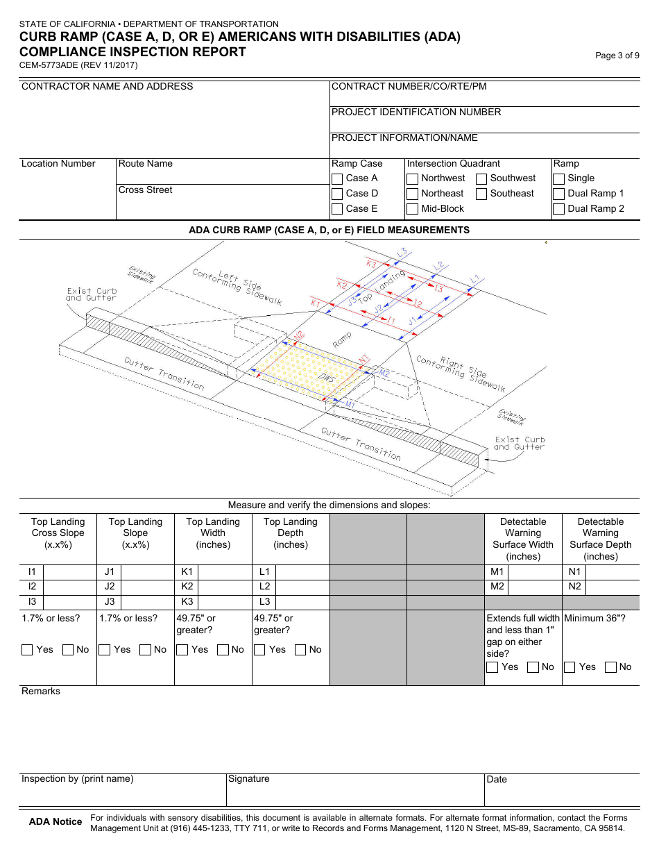 Form CEM-5773ADE Curb Ramp (Case a,d, or E) Americans With Disabilities Act (Ada) Compliance Inspection Report - California, Page 3