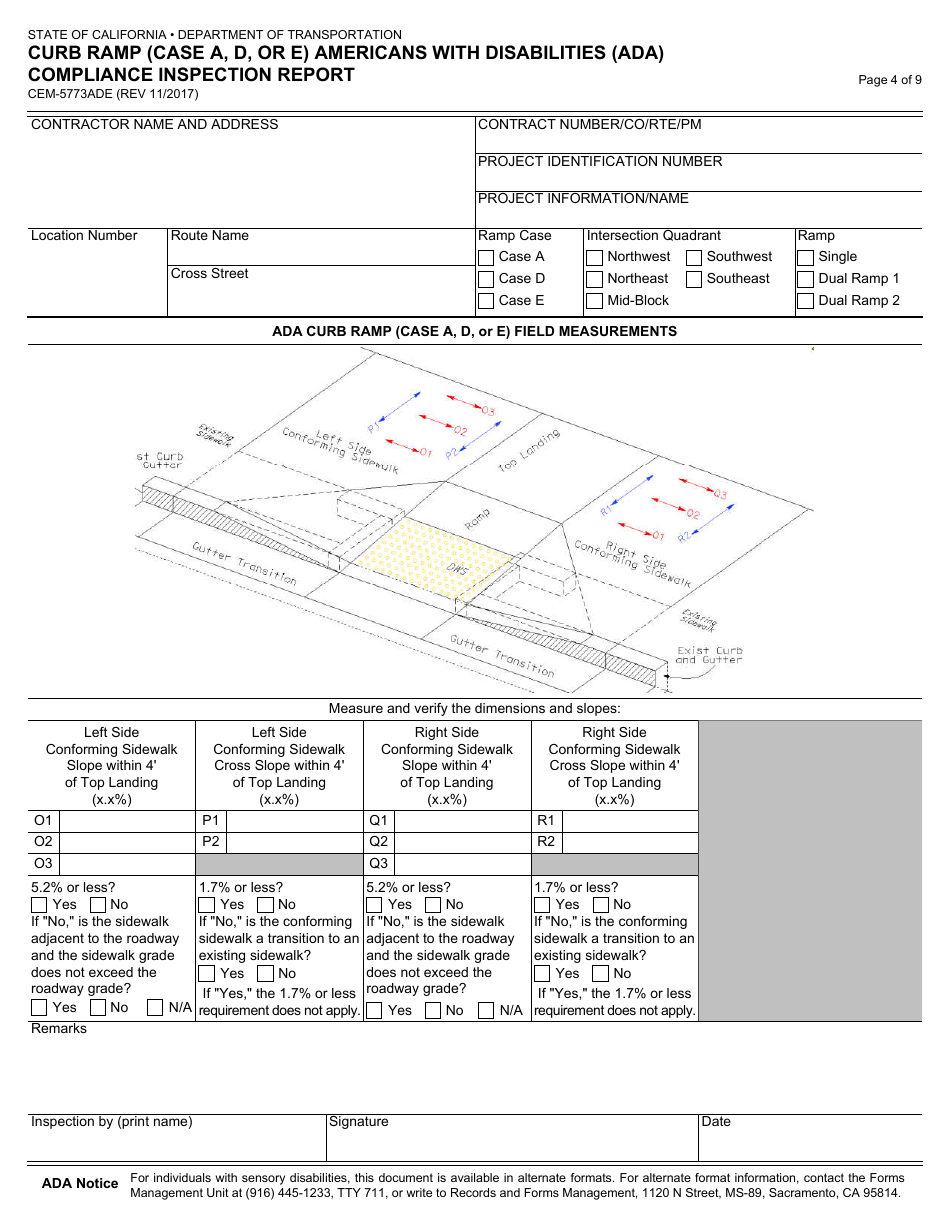 Form CEM-5773ADE Curb Ramp (Case a,d, or E) Americans With Disabilities Act (Ada) Compliance Inspection Report - California, Page 4