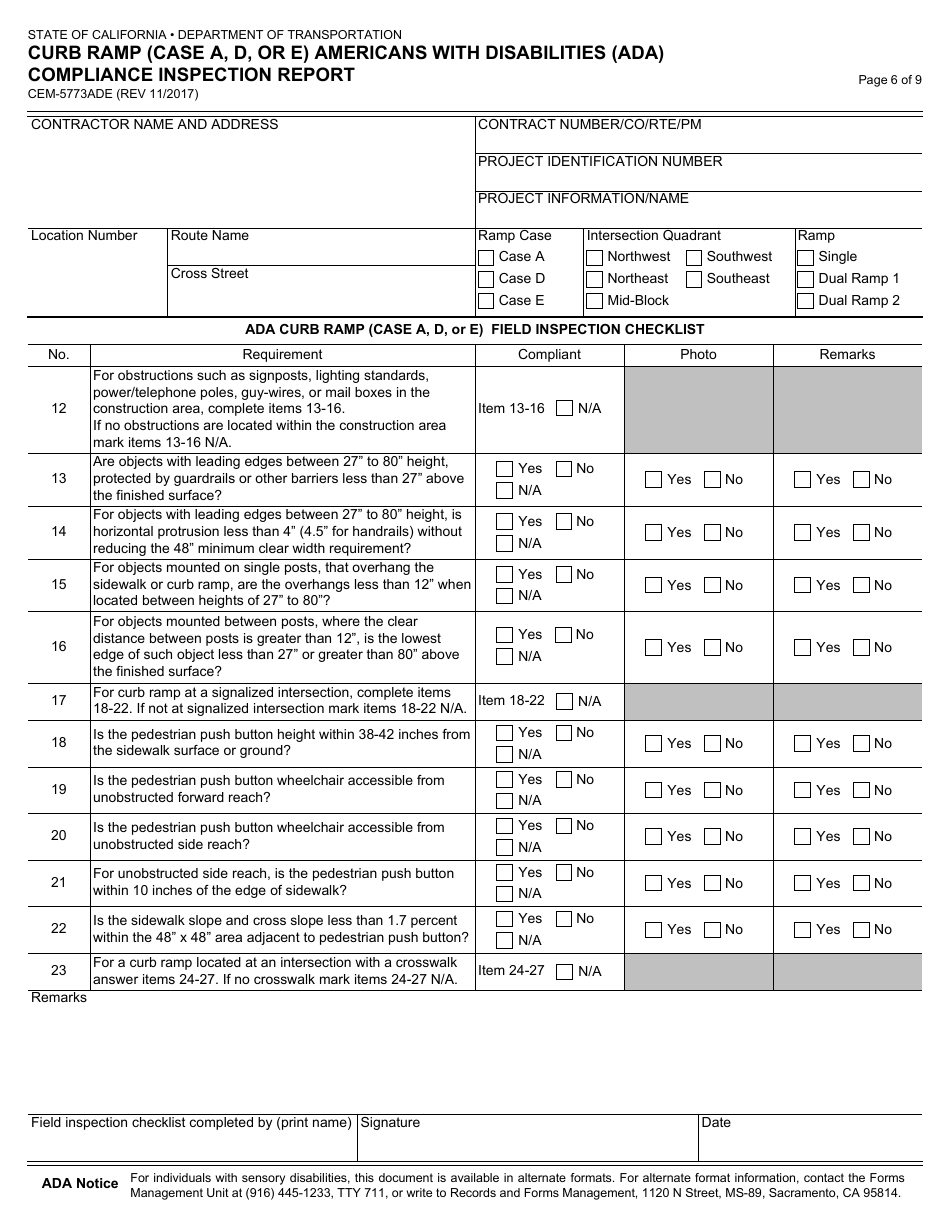 Form CEM-5773ADE Curb Ramp (Case a,d, or E) Americans With Disabilities Act (Ada) Compliance Inspection Report - California, Page 6