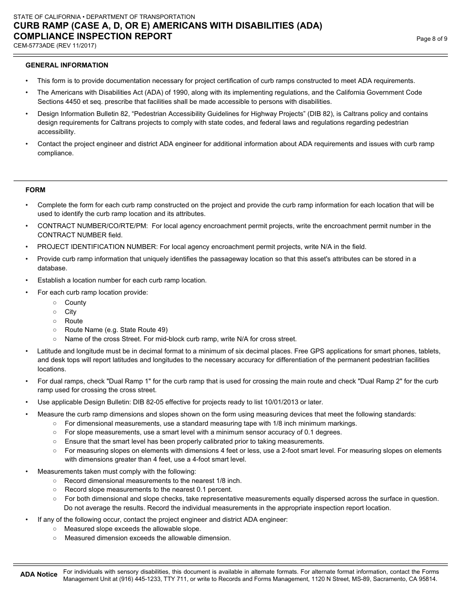 Form CEM-5773ADE Curb Ramp (Case a,d, or E) Americans With Disabilities Act (Ada) Compliance Inspection Report - California, Page 8