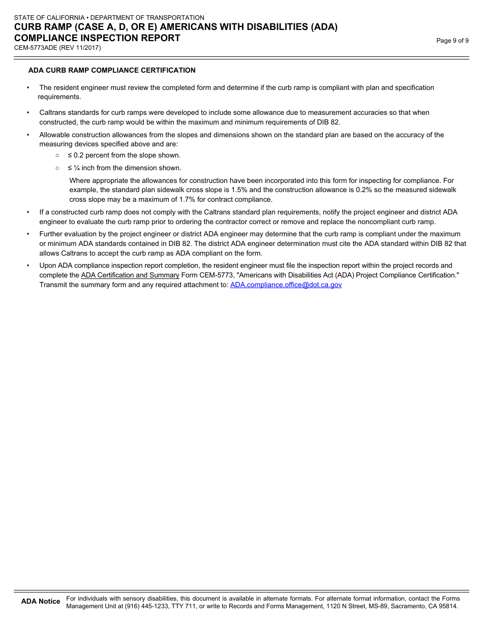 Form CEM-5773ADE Curb Ramp (Case a,d, or E) Americans With Disabilities Act (Ada) Compliance Inspection Report - California, Page 9