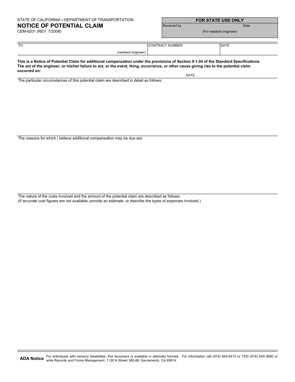 Form CEM-6201 Notice of Potential Claim - California, Page 1
