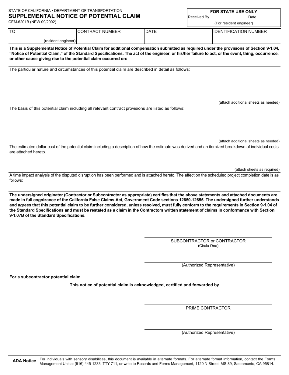 Form CEM-6201B Supplemental Notice of Potential Claim - California, Page 1