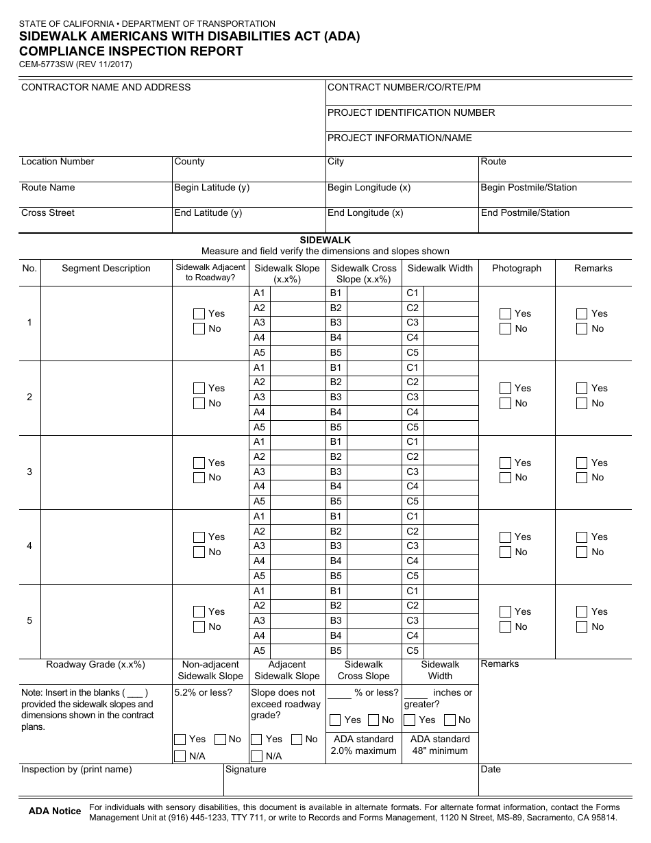 Form CEM-5773SW Sidewalk Americans With Disabities Act (Ada) Compliance Inspection Report - California, Page 2