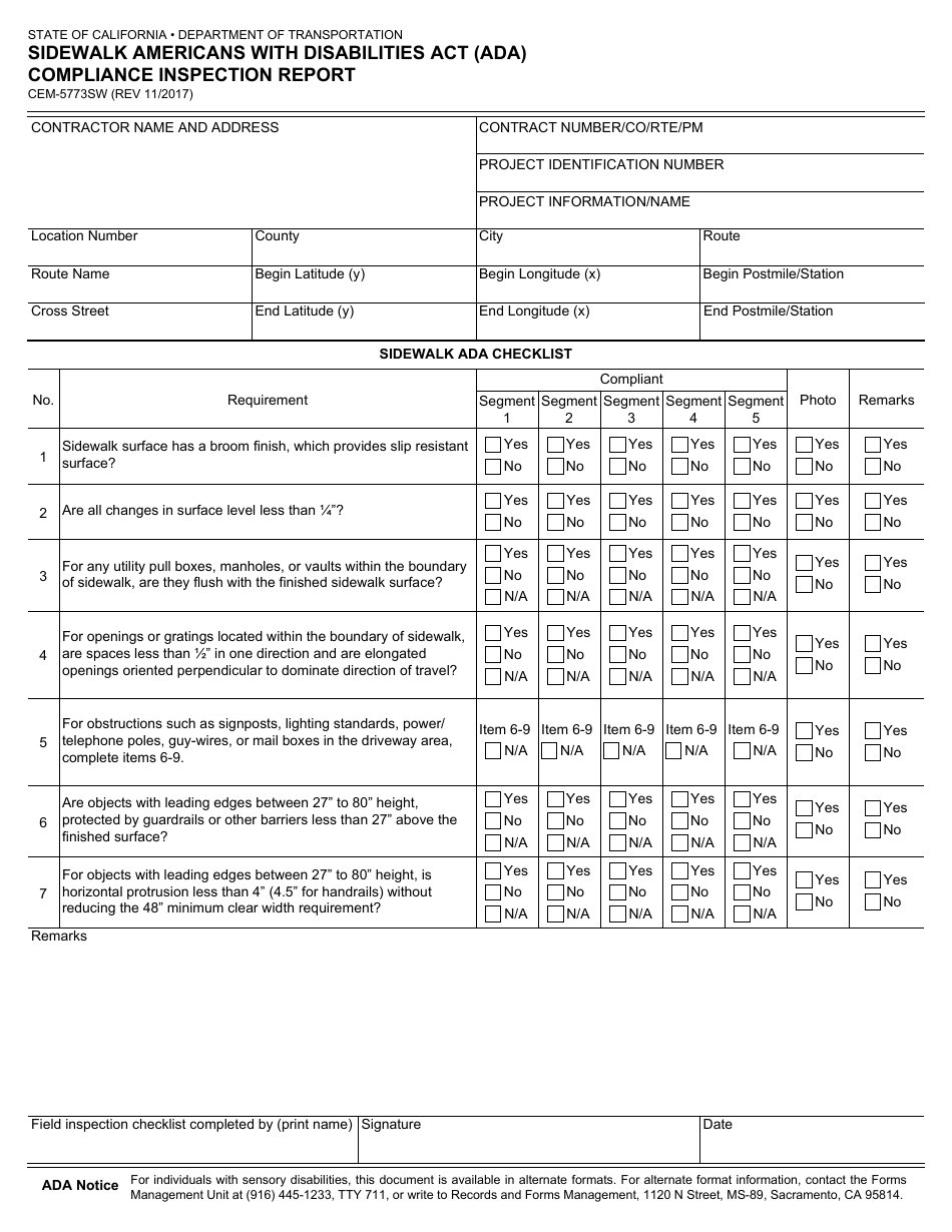 Form CEM-5773SW Sidewalk Americans With Disabities Act (Ada) Compliance Inspection Report - California, Page 3