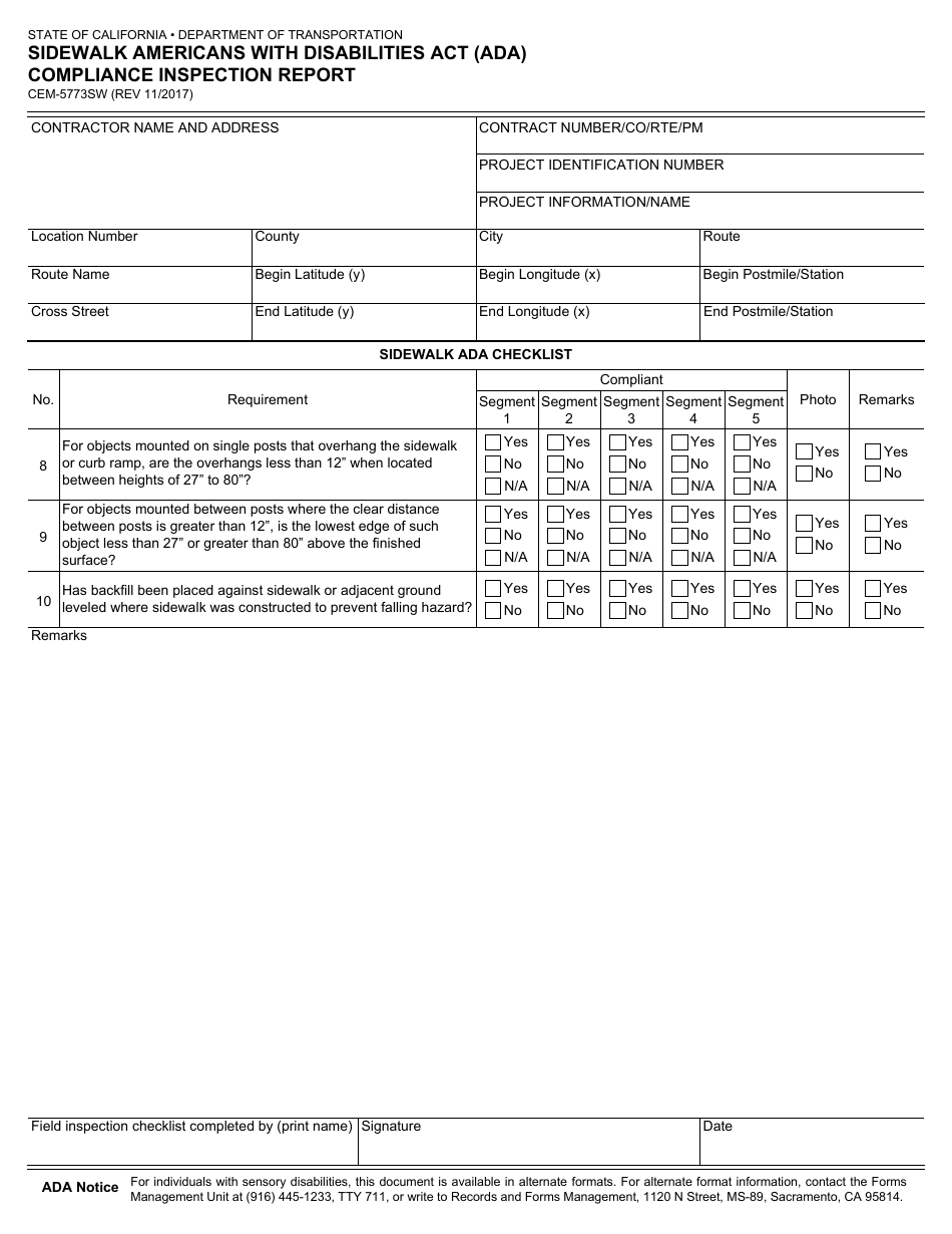 Form CEM-5773SW Sidewalk Americans With Disabities Act (Ada) Compliance Inspection Report - California, Page 4