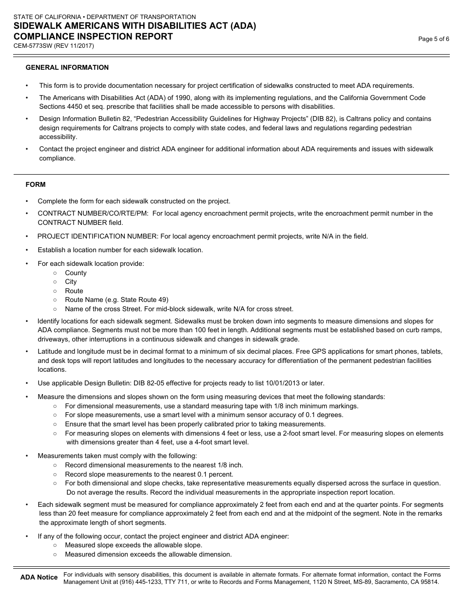 Form CEM-5773SW Sidewalk Americans With Disabities Act (Ada) Compliance Inspection Report - California, Page 5
