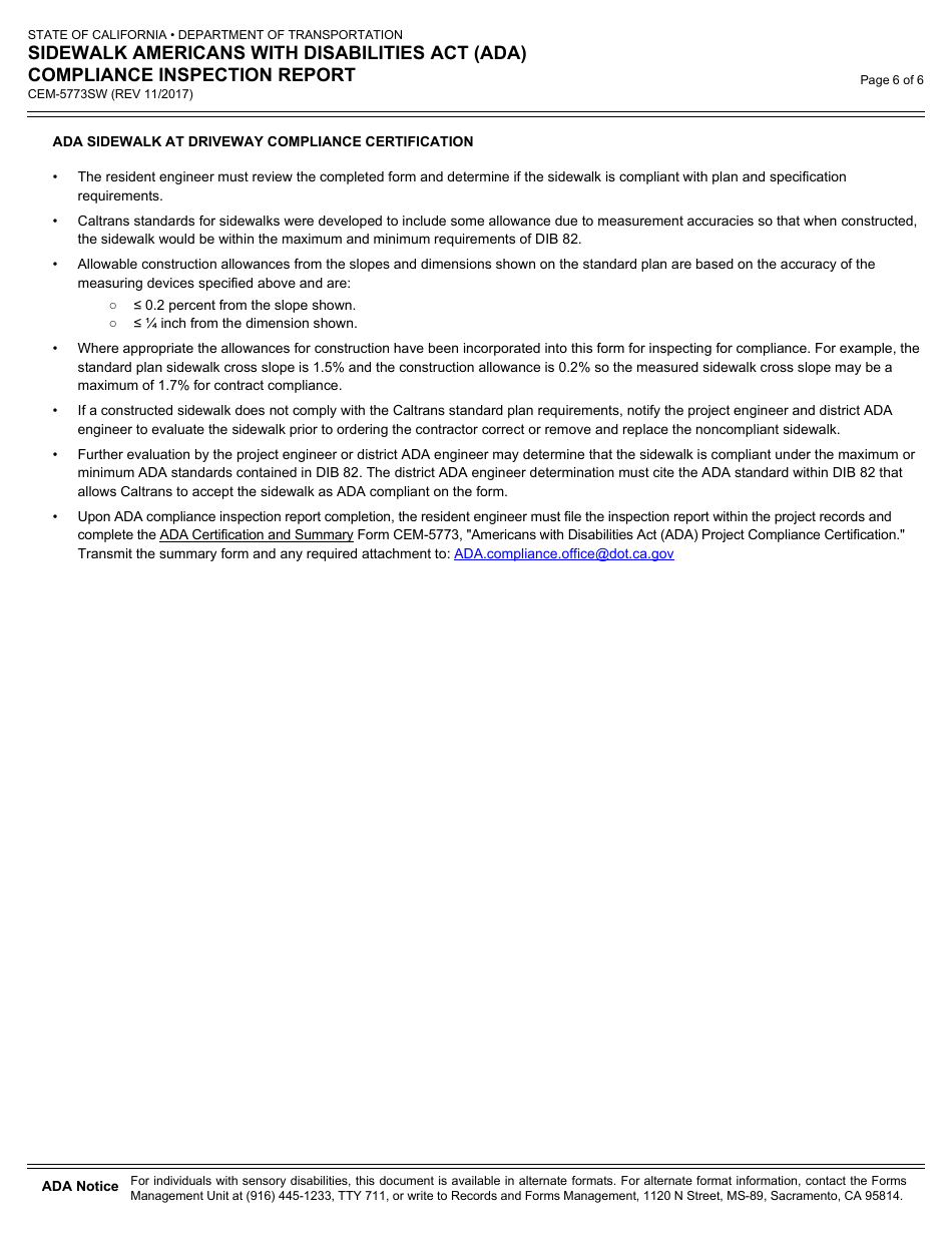 Form CEM-5773SW Sidewalk Americans With Disabities Act (Ada) Compliance Inspection Report - California, Page 6
