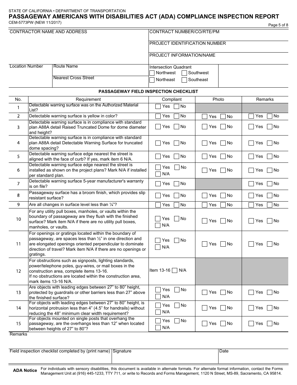 Form CEM-5773PW Passageway Americans With Disabilities Act (Ada) Compliance Inspection Report - California, Page 5