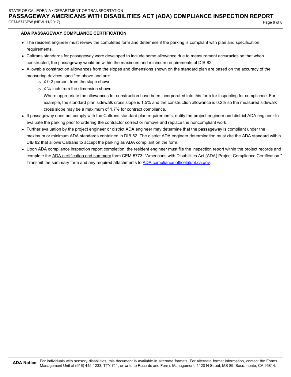 Form CEM-5773PW Passageway Americans With Disabilities Act (Ada) Compliance Inspection Report - California, Page 8