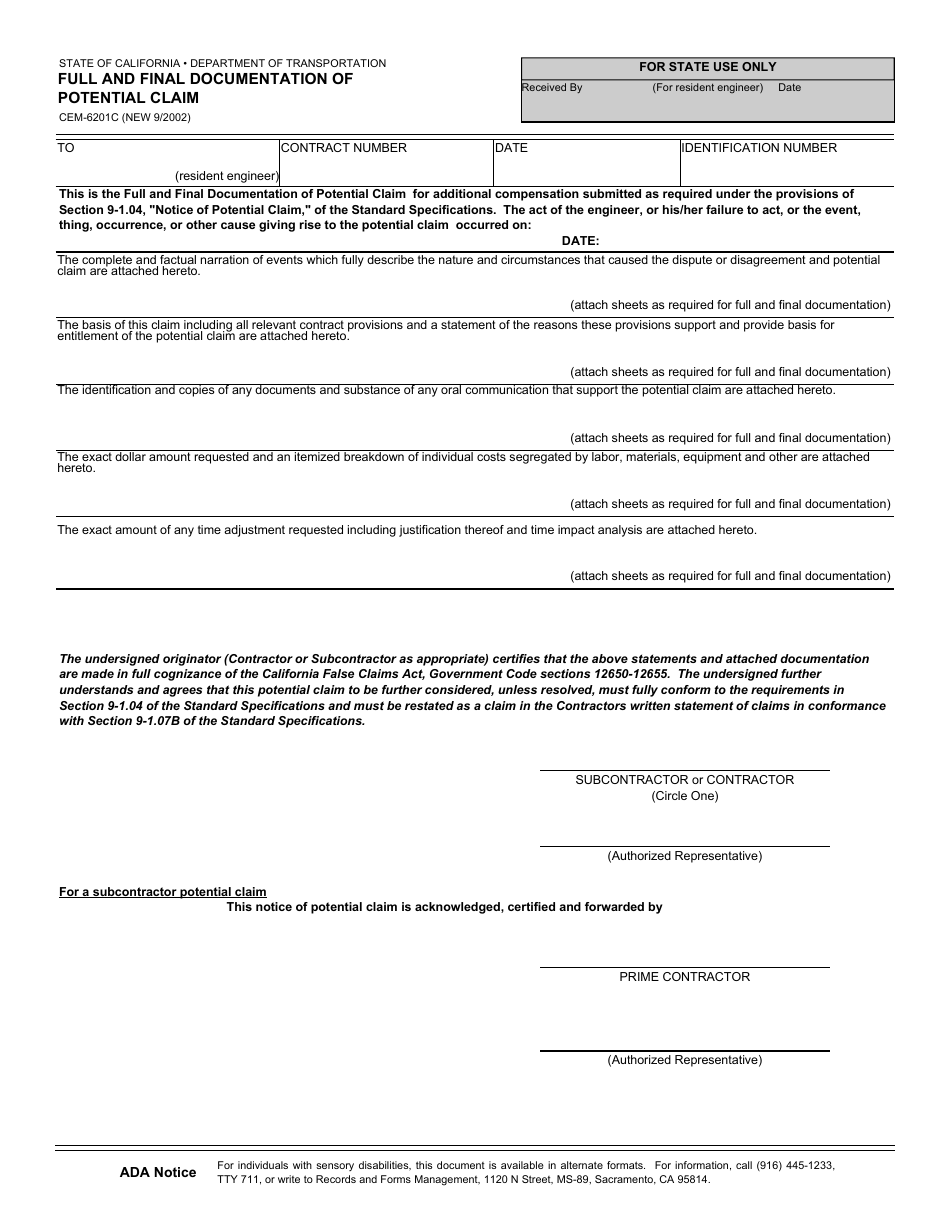 Form CEM-6201C Full and Final Documentation of Potential Claim - California, Page 1