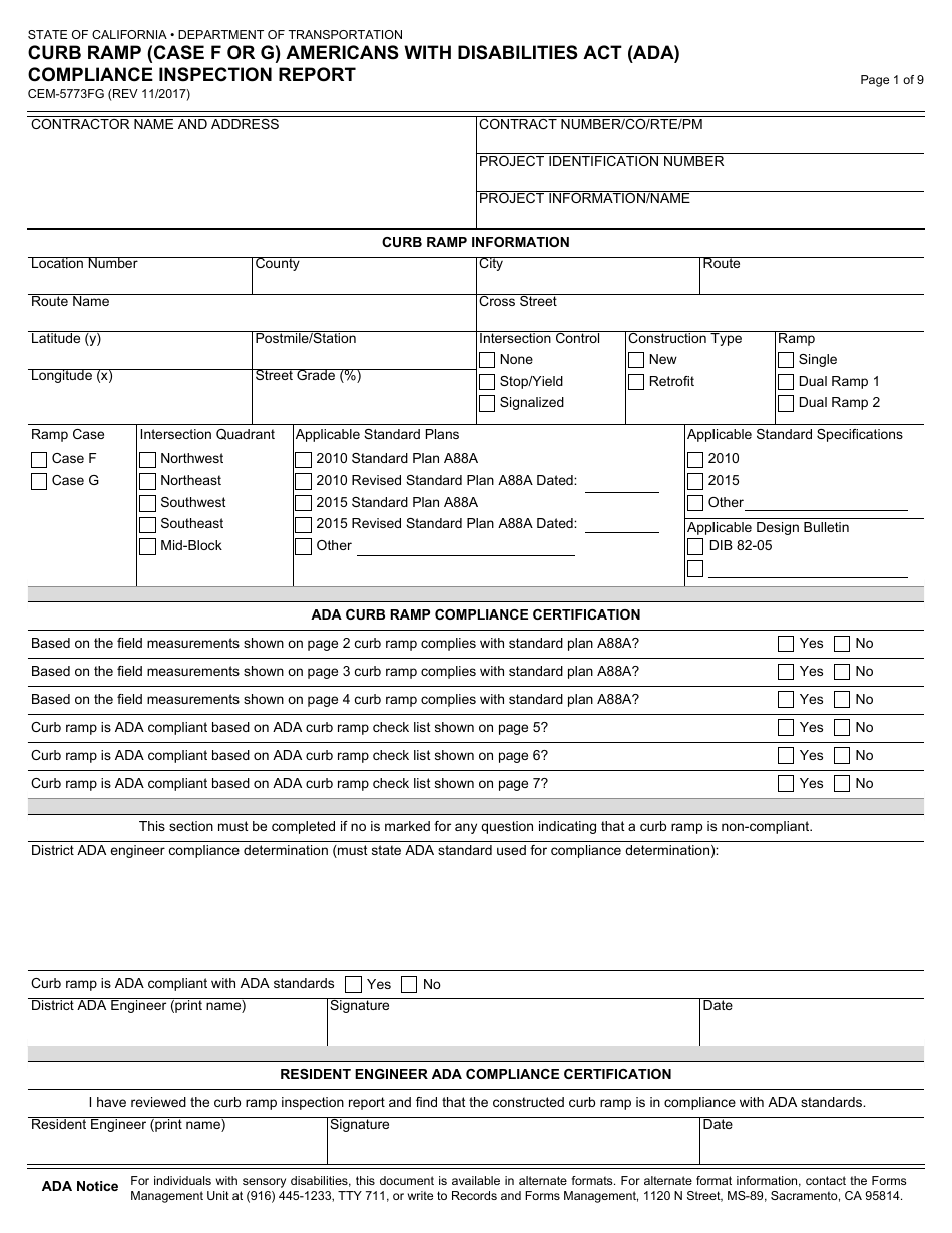 Form CEM-5773FG Curb Ramp (Case F or G) Americans With Disabilities Act (Ada) Compliance Inspection Report - California, Page 1
