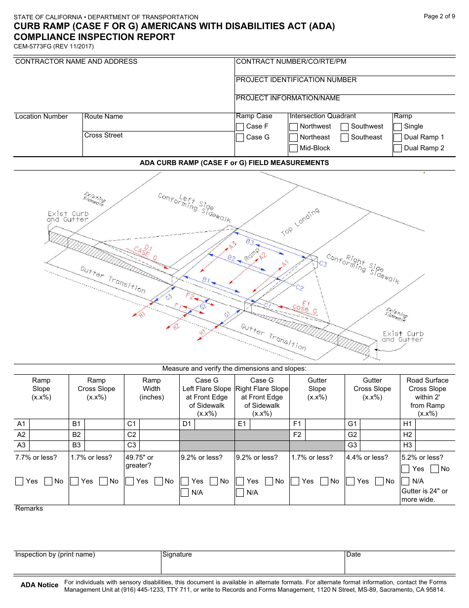 Form CEM-5773FG Curb Ramp (Case F or G) Americans With Disabilities Act (Ada) Compliance Inspection Report - California, Page 2