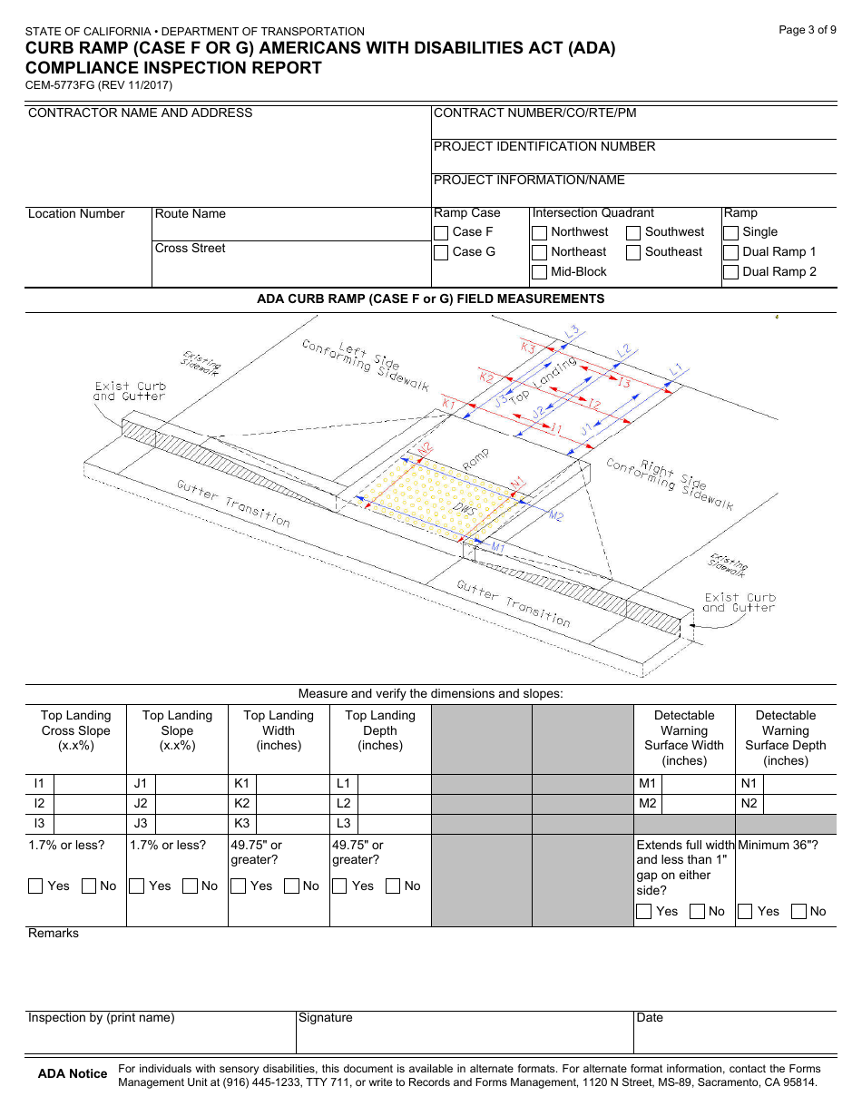 Form CEM-5773FG Curb Ramp (Case F or G) Americans With Disabilities Act (Ada) Compliance Inspection Report - California, Page 3