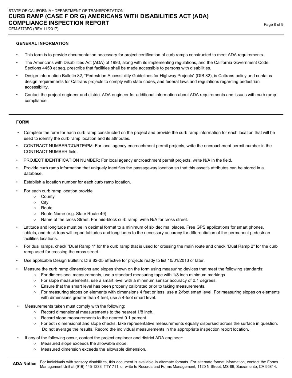 Form CEM-5773FG Curb Ramp (Case F or G) Americans With Disabilities Act (Ada) Compliance Inspection Report - California, Page 8