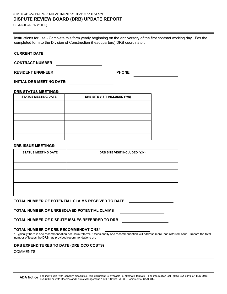 Form CEM-6203 Dispute Review Board (Drb) Update Report - California, Page 1