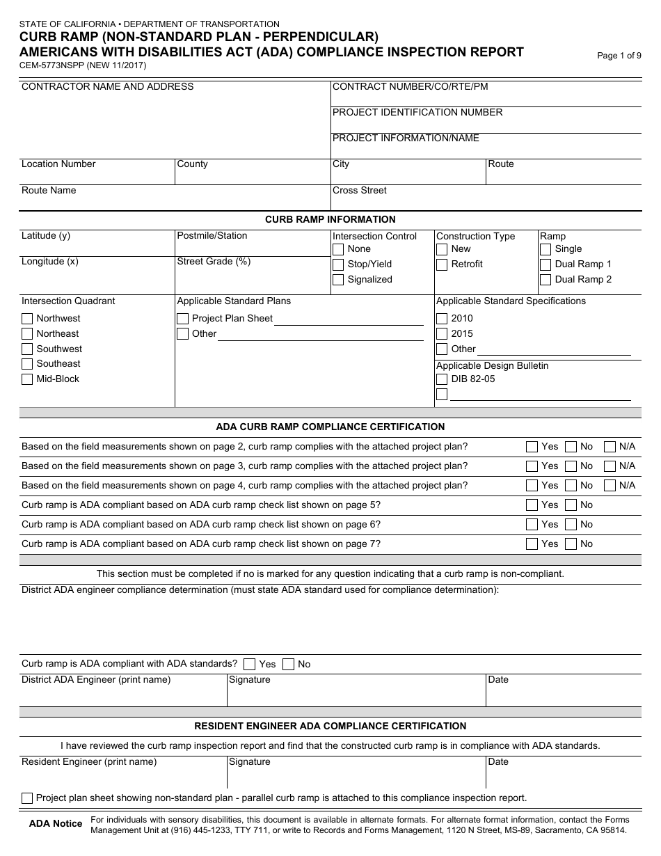 Form CEM-5773NSPP Curb Ramp (Non-standard Plan - Perpendicular) Americans With Disabilities Act (Ada) Compliance Inspection Report - California, Page 1